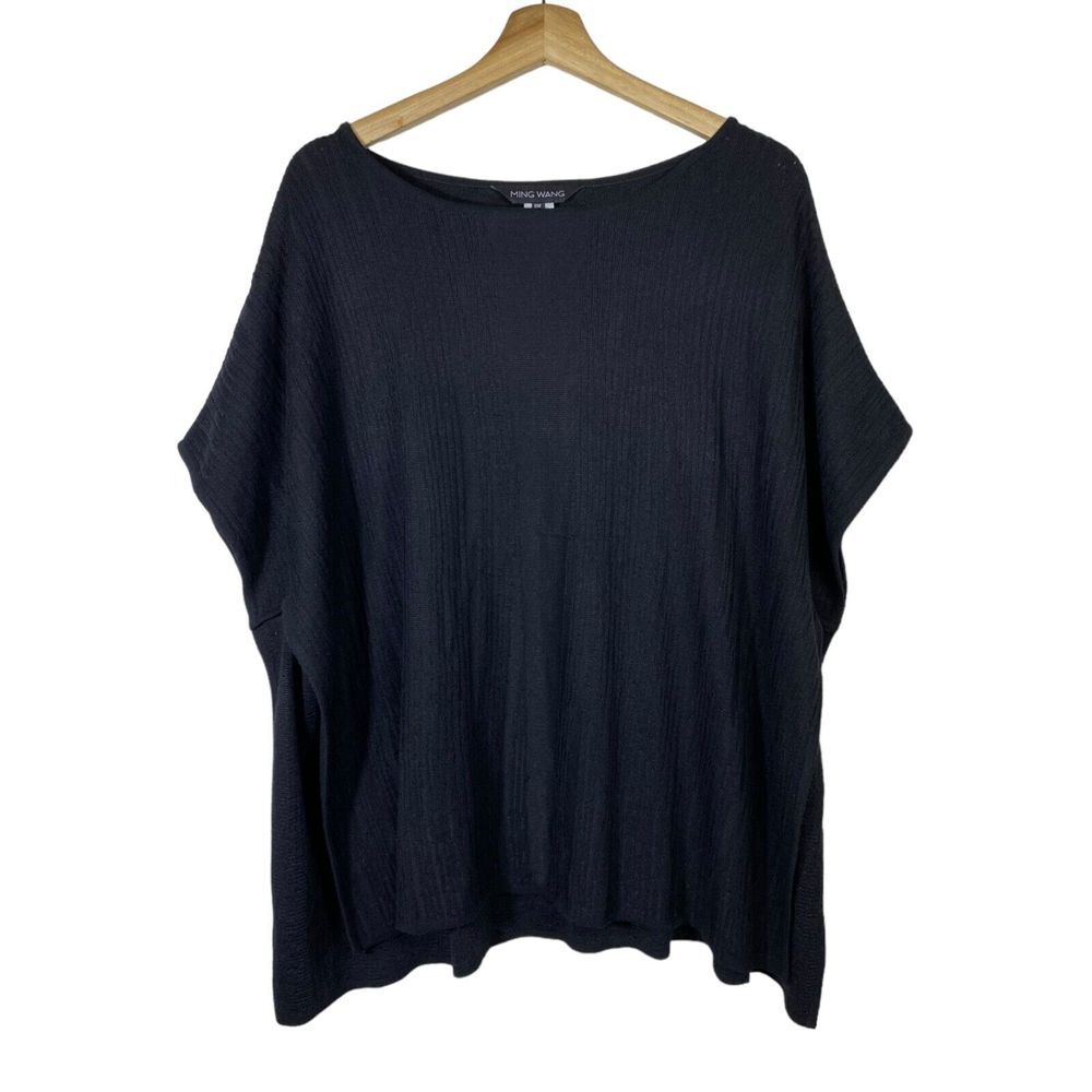 Ming Wang Women Size S/M Poncho Tunic Top Split Hem Black Sweater‎ Boxy